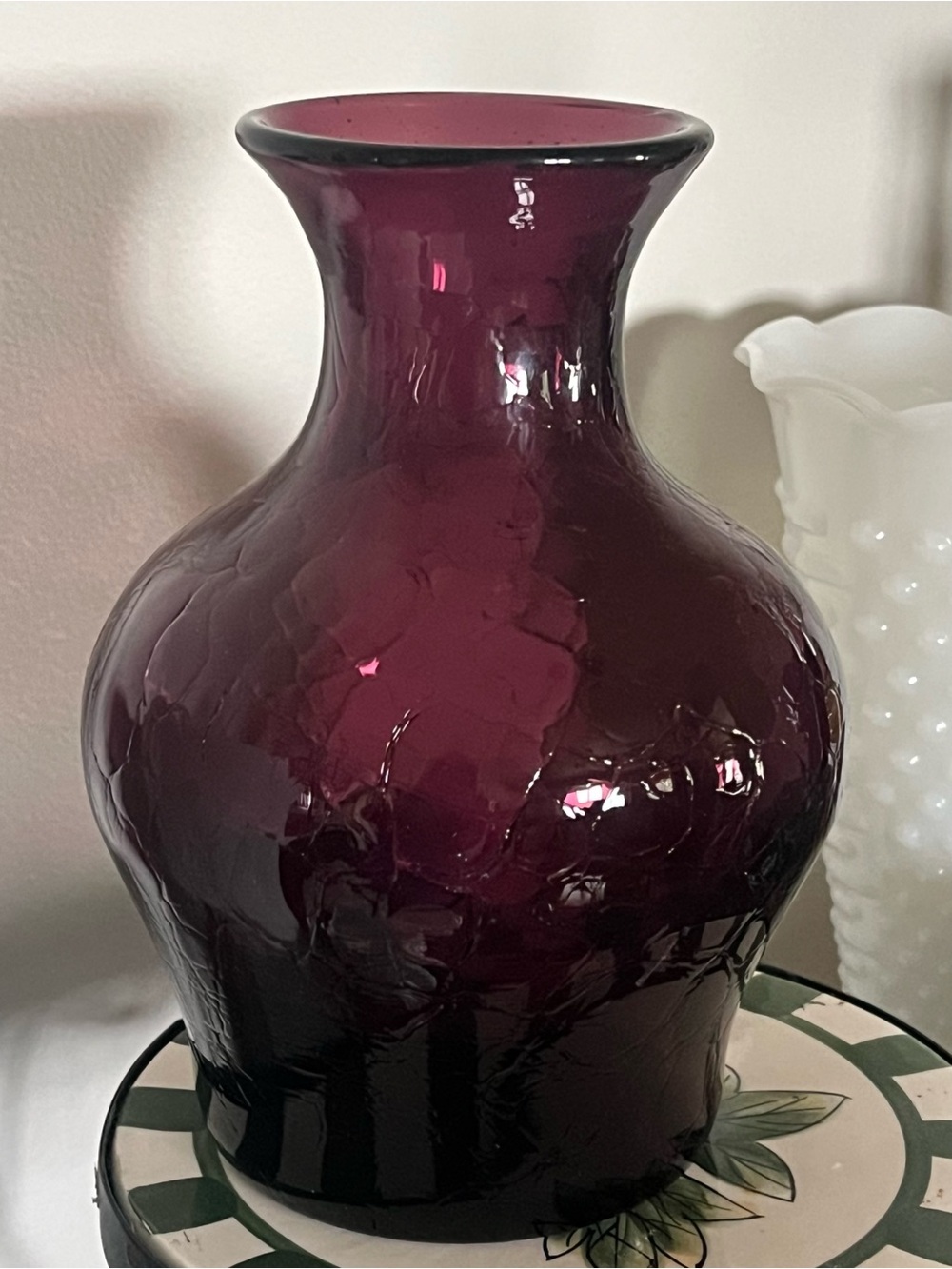 Blenko Amethyst Crackle Glass Vase 7.25”